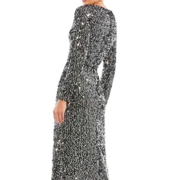 MAC  DUGGAL 26555 LONG SLEEVE SEQUIN BLACK SILVER GOWN sz 14 - Picture 4 of 6